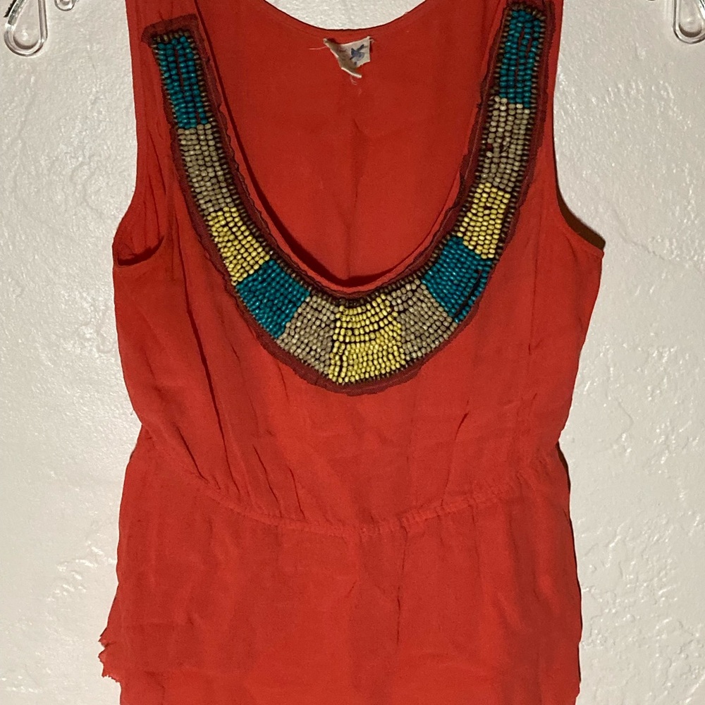 Embellished Beaded Red Orange Sleeveless Top with Fitted Waist